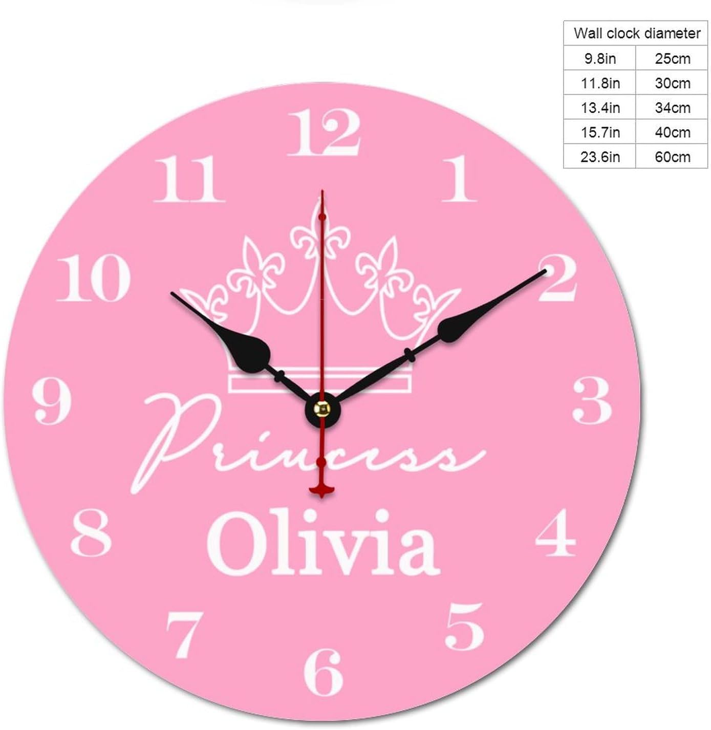 Pink Crown Personalized Girls Name Wall Clocks for Walls,Decorative Kids Wall Clocks Battery Operated 10 inch,Girls Room Decor Wood Wall Clock for Nursery Kids Bedrooms Boys Girls ,Custom Kids Gifts
