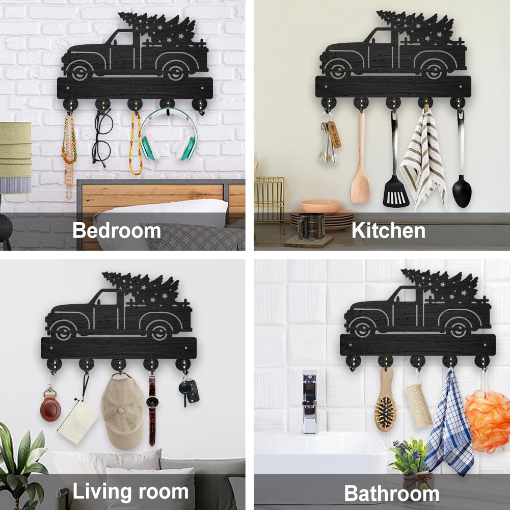 MAYJOYDIY Christmas Truck Tree Coat Racks Wood Tree Star Key Holder Wall Mount 11.8×7.9inch Black Key Hooks Rack 5 Alloy Hooks Christmas Home Decor Gifts Entryway Kitchen Bathroom Storage Organizer