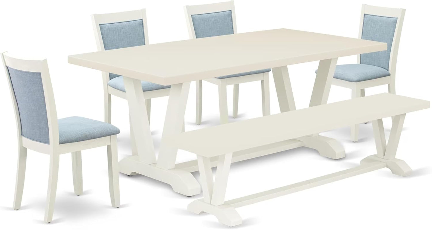 East West Furniture V027MZ015-6 6 Piece Dining Table Set Contains a Rectangle Dining Room Table and 4 Baby Blue Linen Fabric Parson Chairs with a Bench, 40x72 Inch, Multi-Color