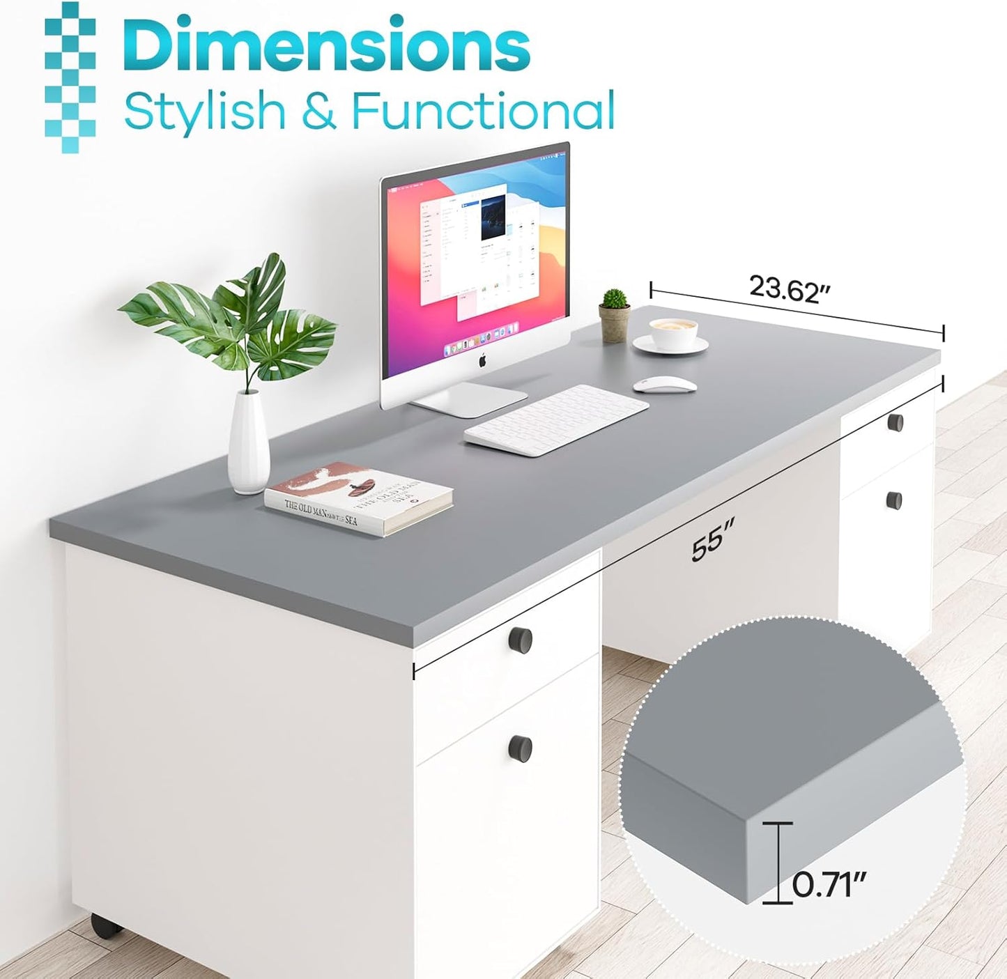 Kaboon Grey Table Top 23.62" D x 55" W, Solid One-Piece Desktop, Universal Wood Countertop, Reversible Laminate Top, Double Desks, L-Desk DIY, for Home and Commercial