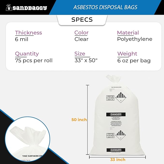 Asbestos Disposal Bags – 33" x 50" Clear Polyethylene, 6 Mil, Made in USA - Sandbaggy (10)
