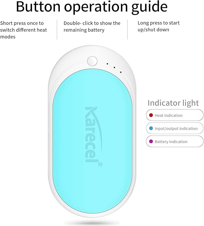 Karecel Hand Warmer Rechargeable, 5200mAh Electric Hand Warmer & Power Bank, Double-Sided Heating, USB Quick Charge, Portable Pocket Heater Handwarmer for Women Mens Gifts, Camping, Winter Sports
