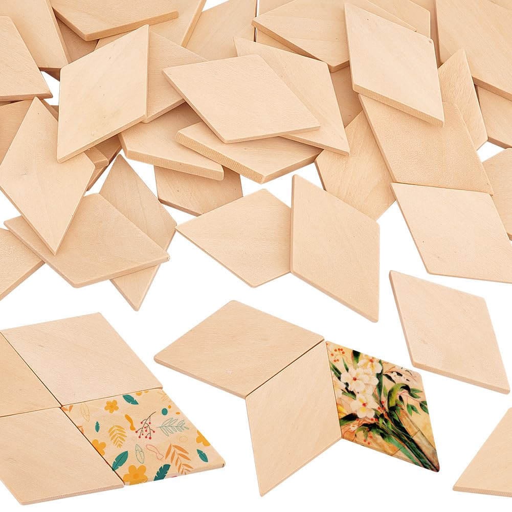 OLYCRAFT 50PCS Wood Pieces - Unfinished Natural Wood Rhombus Cutout Shape Blank Slices for DIY Crafts & Holiday Decoration - 2.3x1.3x0.2 Inch