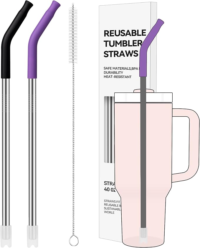 40oz Metal Straws for Stanley 40oz Cup & 64oz Jugs, 2 PCS Extra-Long Stainless Steel Straws with Removable Silicone Tips, Fits Large Tumblers & Oversized Mugs