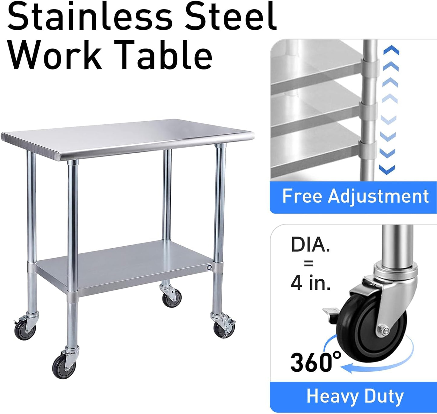 ROCKPOINT Stainless Steel Table for Prep & Work with Caster Wheels 14x48 Inches, NSF Metal Commercial Kitchen Heavy Duty Table with Adjustable Under Shelf and Table Foot for Restaurant, Home and Hotel