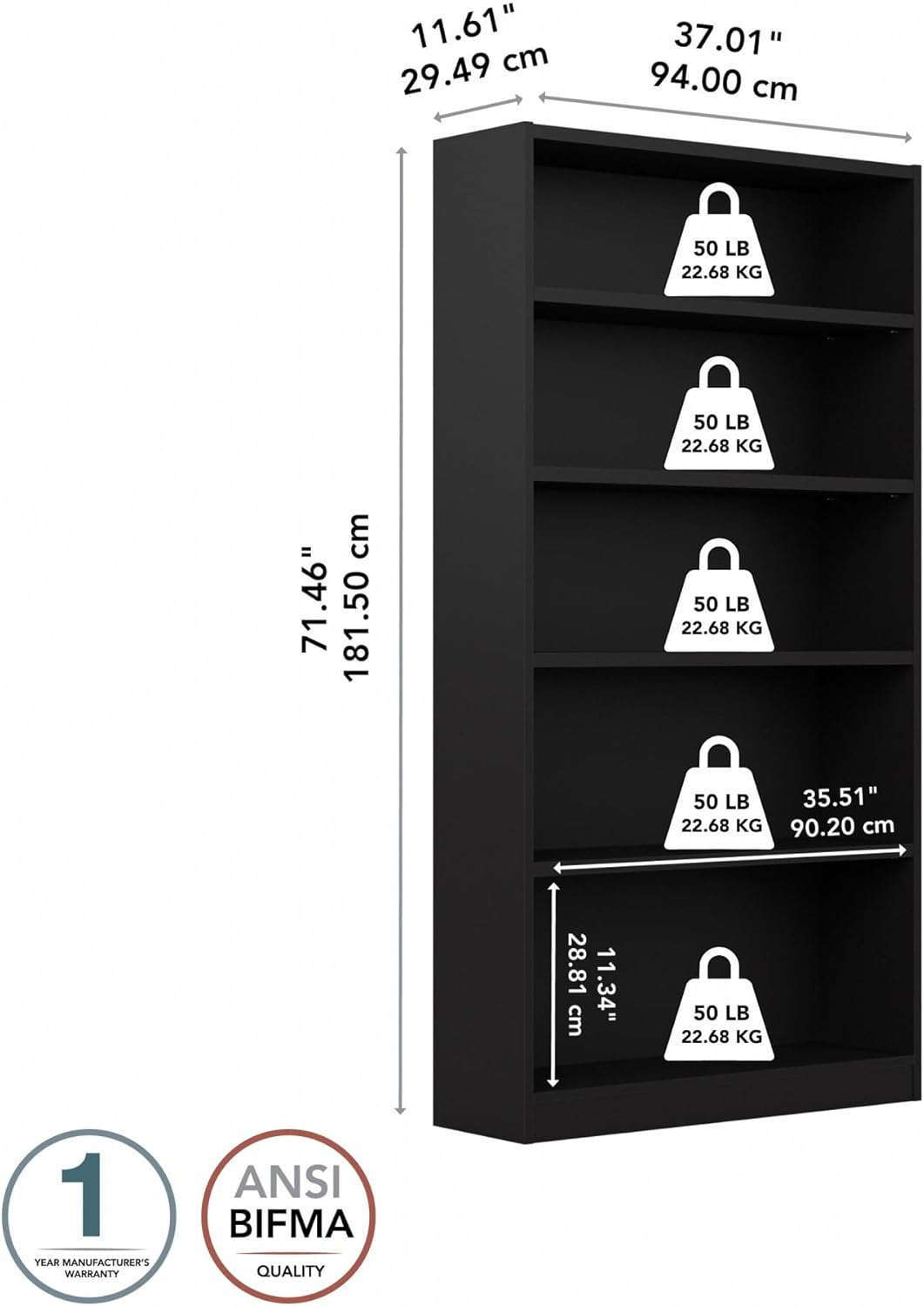Bush Furniture Universal Tall 5 Shelf Bookcase in Black, Vertical Storage and Display Bookshelf for Home Office or Living Room Organization