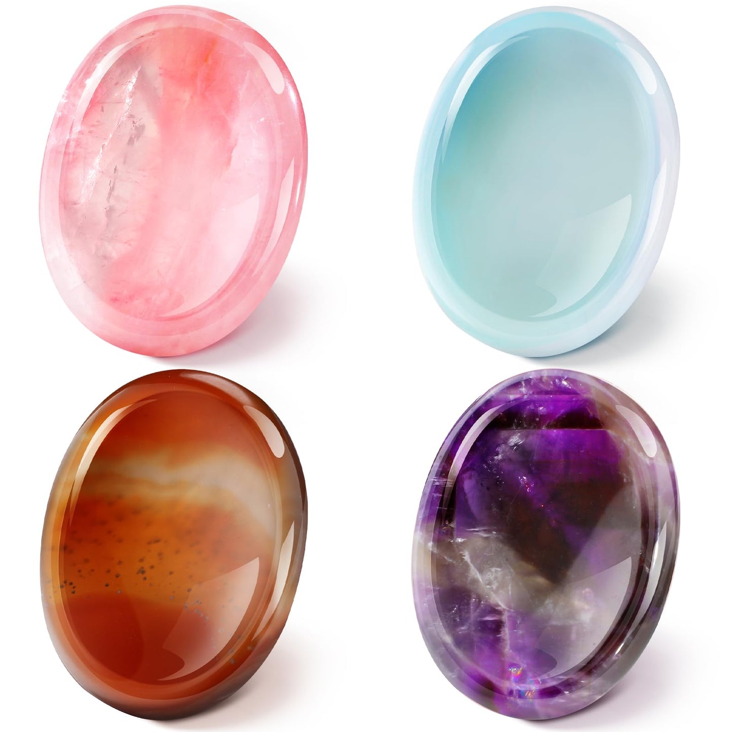 Roowest 4 Pcs Thumb Worry Stone for Anxiety Natural Crystal Healing Stone Chakras Amethyst Tiger Eye Quartz Pocket Hug Gift for Office Stress Meditation(Warmglow,Oval)