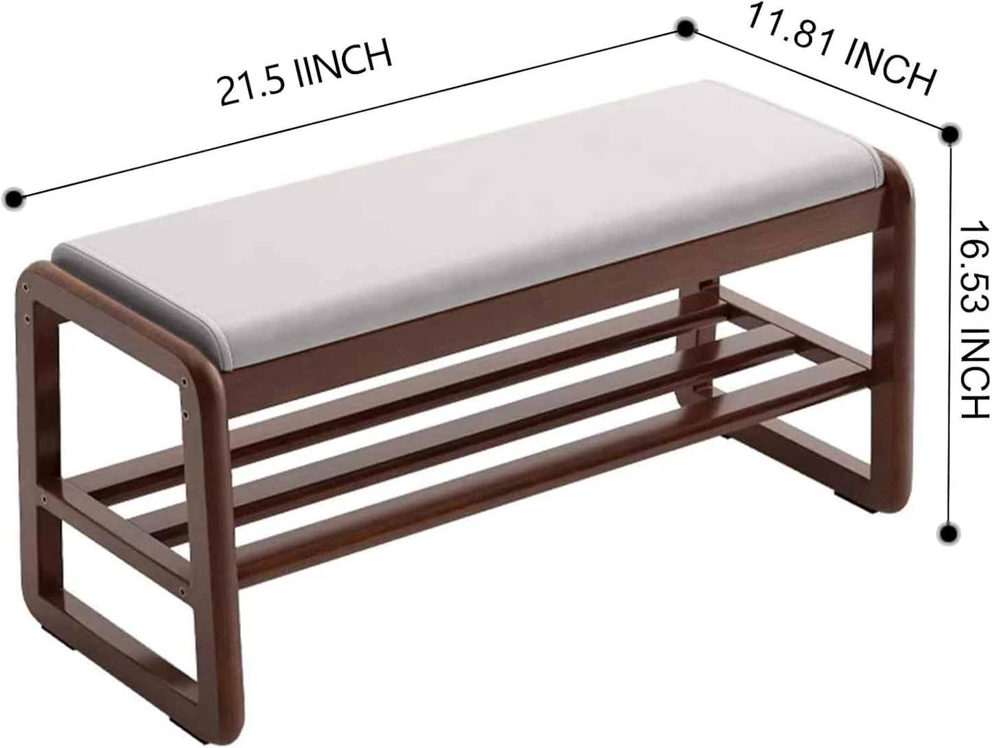 Solid Wood Shoe Bench, 2-Tier Wooden Storage Entryway Bench, Small Entryway Bench, Mid-Century Modern Bedside Bench with Faux Leather Cushion for Dining Room Living Room, Cream Grey 21.65''