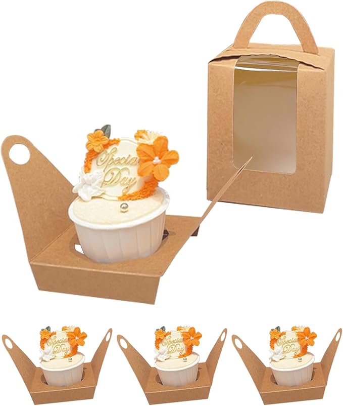 Bakepacker Auto-pop up Individual Cupcake Boxes with Window 60 Count Brown Single Cupcakes Box 3.7 x 3.7 x 4.3inch Cupcake Carrier