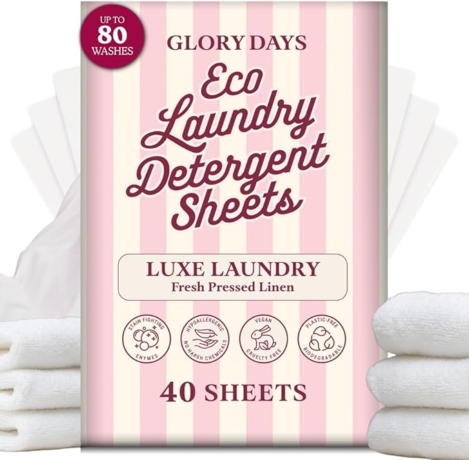 Glory Days Eco Laundry Detergent Sheets – Luxe Laundry (Fresh Pressed Linen) | 40 Sheets = Up to 80 Loads | Enzyme‑Powered, Plastic‑Free, Hypoallergenic | HE, Top & Front Load | Travel‑Friendly