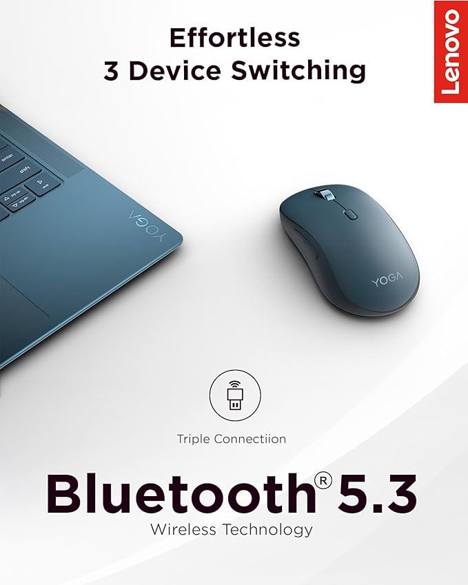 Lenovo Yoga Bluetooth Silent Mouse, 3 Level DPI Adjustment, 36 Month Battery Life, Bluetooth 5.3, 3 Device Paring, Whisper Quiet, Programmable Buttons, Smooth Finish, Tidal Teal