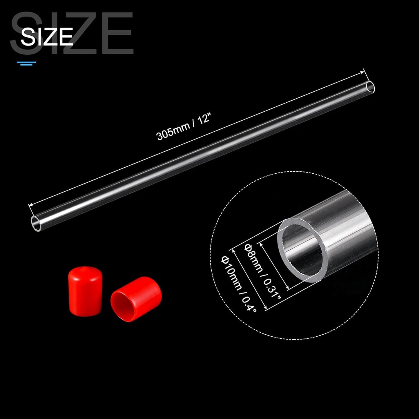 PATIKIL Clear Rigid Tube Round Plastic Tubing with Red Rubber Caps Polycarbonate Water Pipe, 305mm/ 12 Inch Length, 8mmx10mm/0.31"x0.4", 2 Set