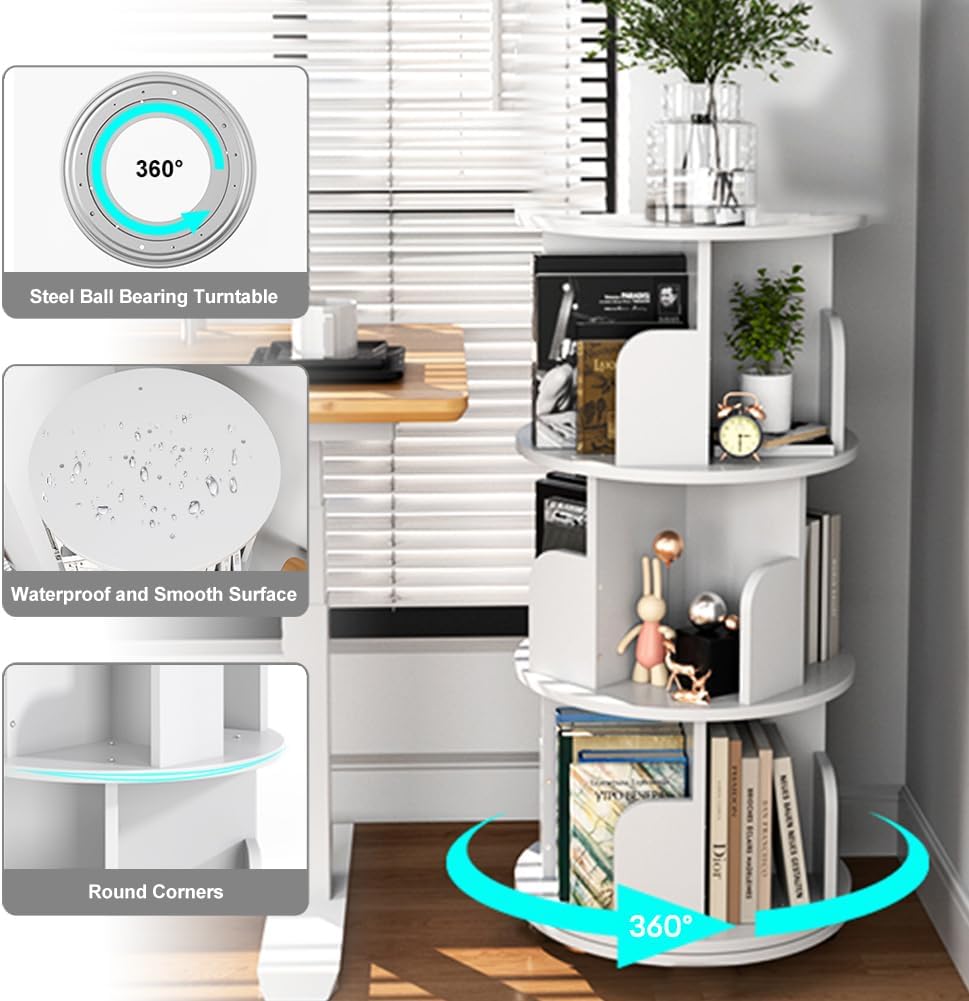 Nidouillet Rotating Bookshelf, Revolving Bookcase 360 Display Round Bookshelf Narrow Swivel Corner Book Shelf Standing Bookcase for Adult Bedroom, Living Room (White, 3 Tier)