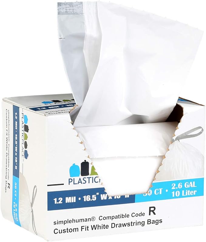 Plasticplace Custom Fit Trash Bags, Compatible with Simplehuman Code R (100 Count) White Drawstring Garbage Liners 2.6 Gallon/ 10 Liter 16.5" x 18"