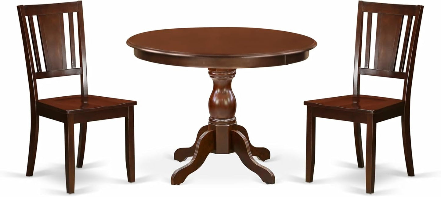 East West Furniture HBDU3-MAH-W 3 Piece Dining Room Table Set Contains a Round Kitchen Table with Pedestal and 2 Dining Chairs, 42x42 Inch, Mahogany