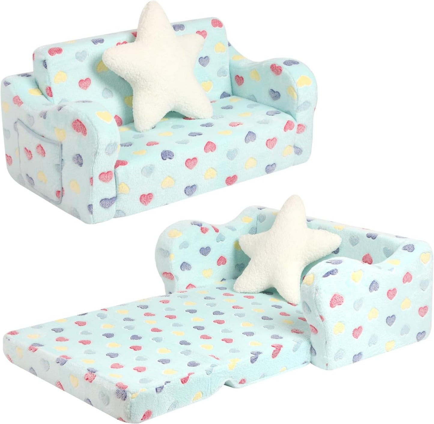 Extra Wider Seating Toddler Couch, 2-in-1 Toddler Soft Couch Fold Out with Star Pillow, Convertible Sofa to Lounger for Girls and Boys