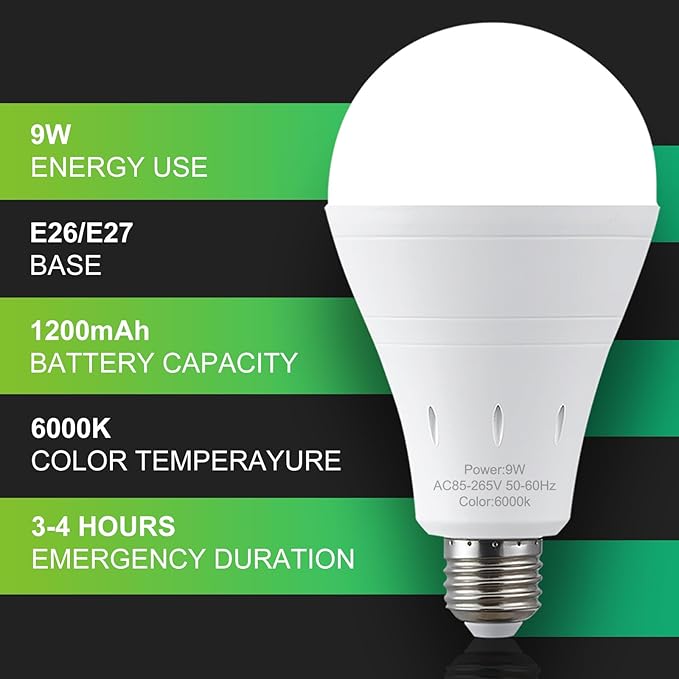 4 Pack Rechargeable Emergency Light Bulbs, Battery Powered Energy Efficient LED Light Bulb 6000K Daylight E26 120 Volt 9W 60W Equivalent with 1200mAh for Home Power Outage Camping Hurricane