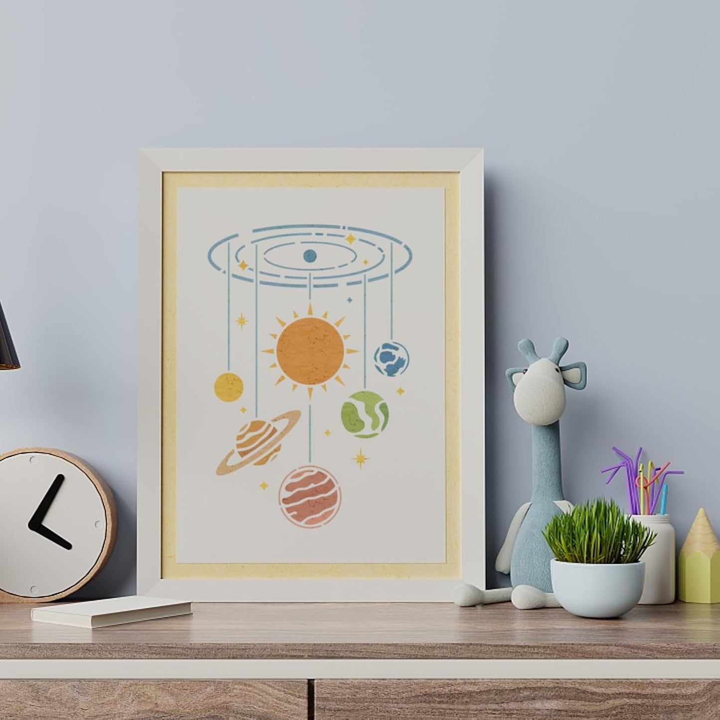 FINGERINSPIRE Galaxies Painting Stencil with Brush 8.3x11.7inch Planets Earth Moon Sun Drawing Template Galaxy Space Theme DIY Decoration Stencil for Painting on Wood Wall Fabric Furniture