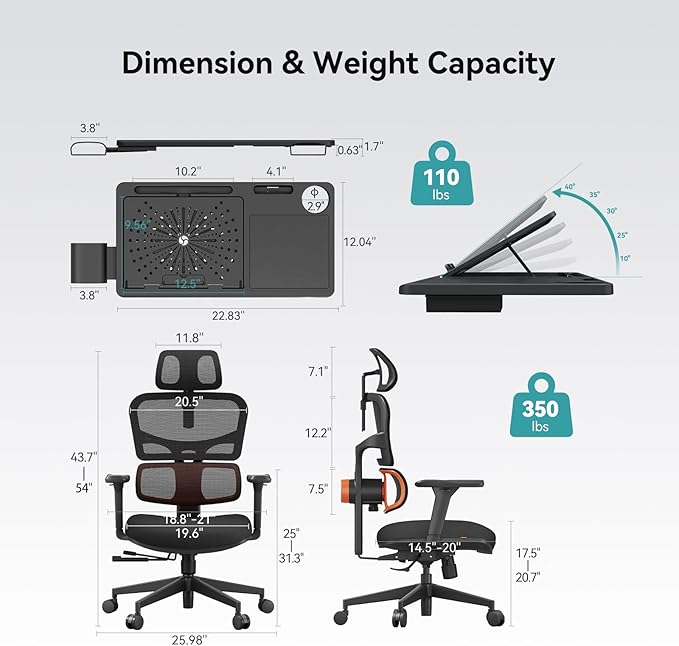 Newtral Office Chair Ergonomic - Home Office Desk Chair, Back Pain Chair with Auto-Following Lumbar Support, 4D Armrest, Seat Depth and Height Adjustable (No Foot Rest + Laptop Tray, Black)