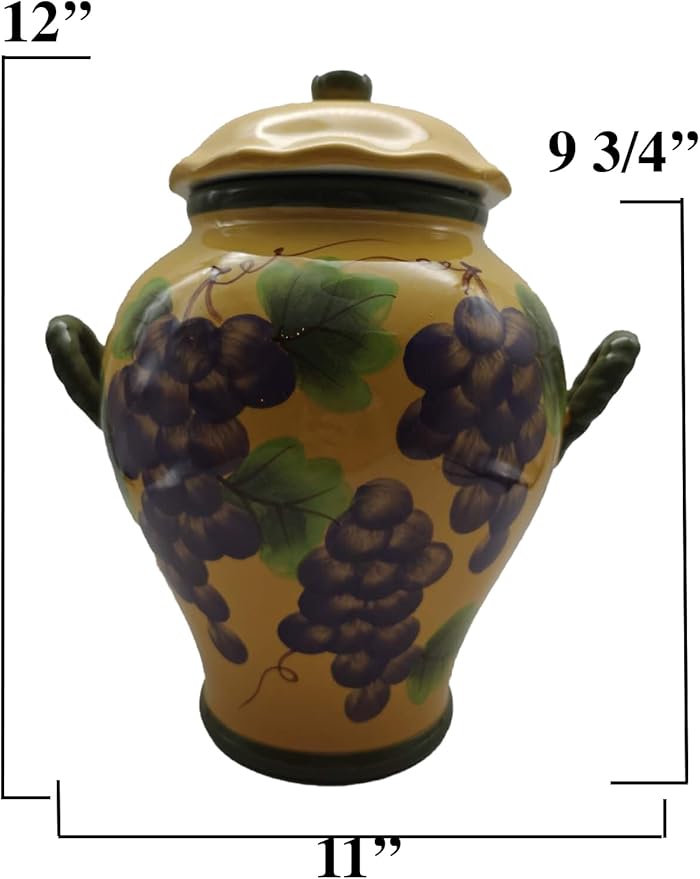 ACK Tuscany Grape Hand Painted Ceramic Cookie Jar with Lid and and Rubber Seal, Food Storage Jar, Kitchen Décor, Snack Storage Container for Cookie, Candy