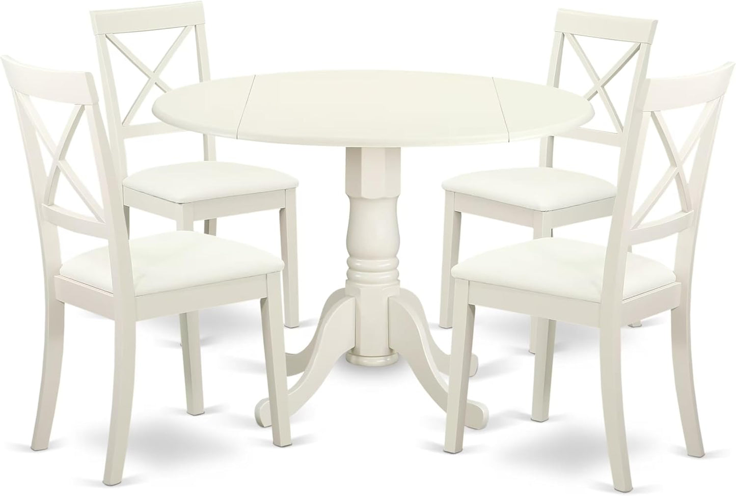 East West Furniture DLBO5-LWH-LC 5 Piece Dining Room Furniture Set Includes a Round Kitchen Table with Dropleaf and 4 Faux Leather Upholstered Dining Chairs, 42x42 Inch, Linen White