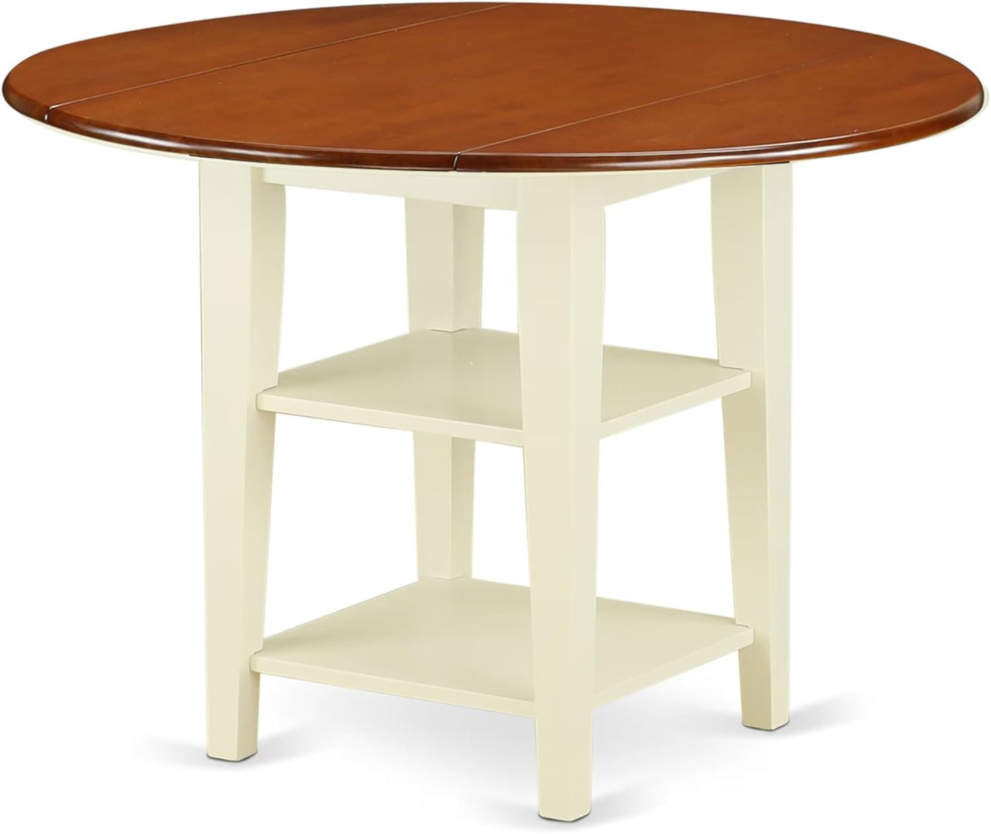 East West Furniture SUWE5-BMK-W 5 Piece Dining Table Set for 4 Includes a Round Kitchen Table with Dropleaf & Shelves and 4 Kitchen Dining Chairs, 42x42 Inch, Buttermilk & Cherry