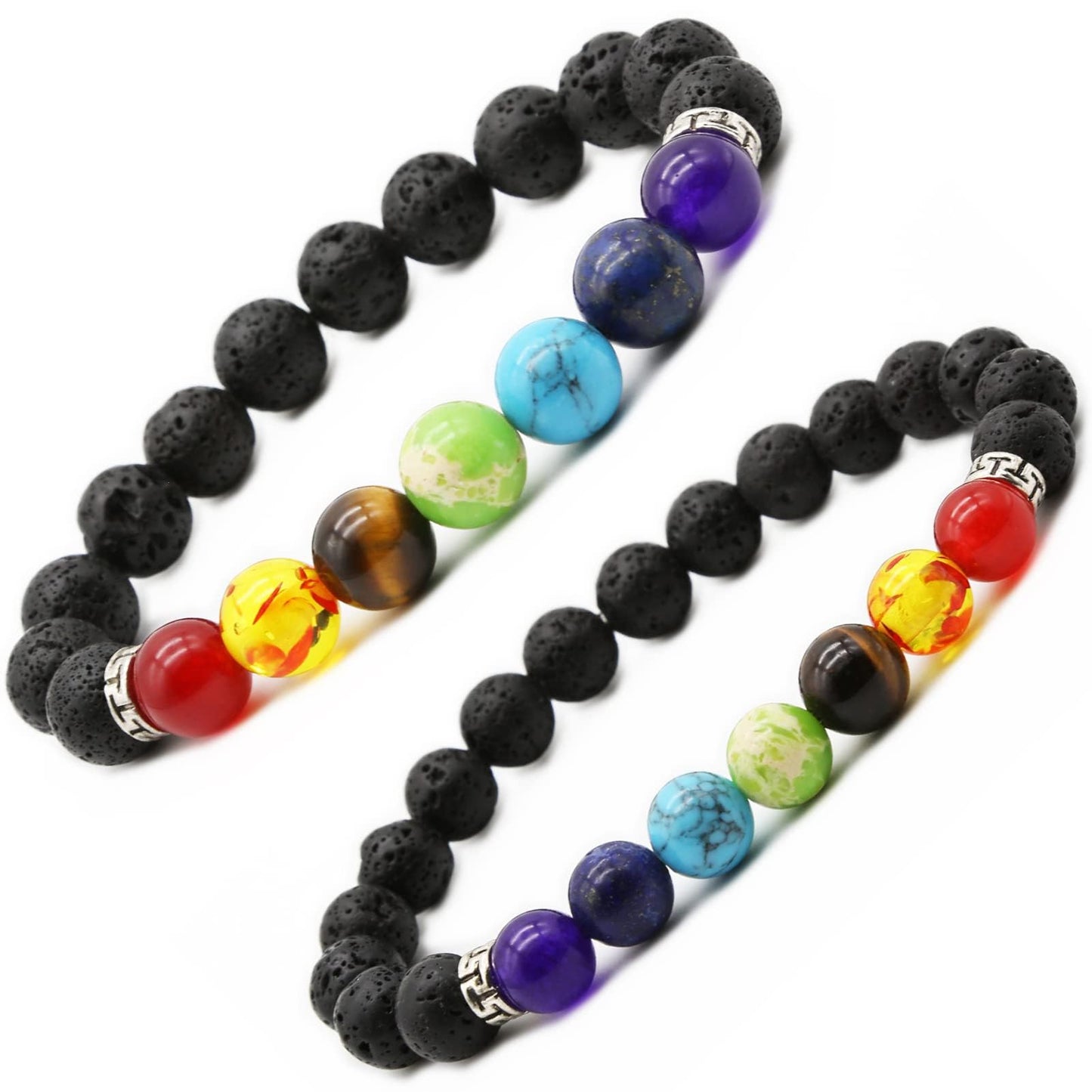 HEDQFM 2pcs 10mm 8mm Lava Rock 7 Chakra Bracelet Aromatherapy Essential Oil Diffuser Bracelets Couples Yoga Beads Bracelet Lava Stone Stretch Bracelet for Men Women