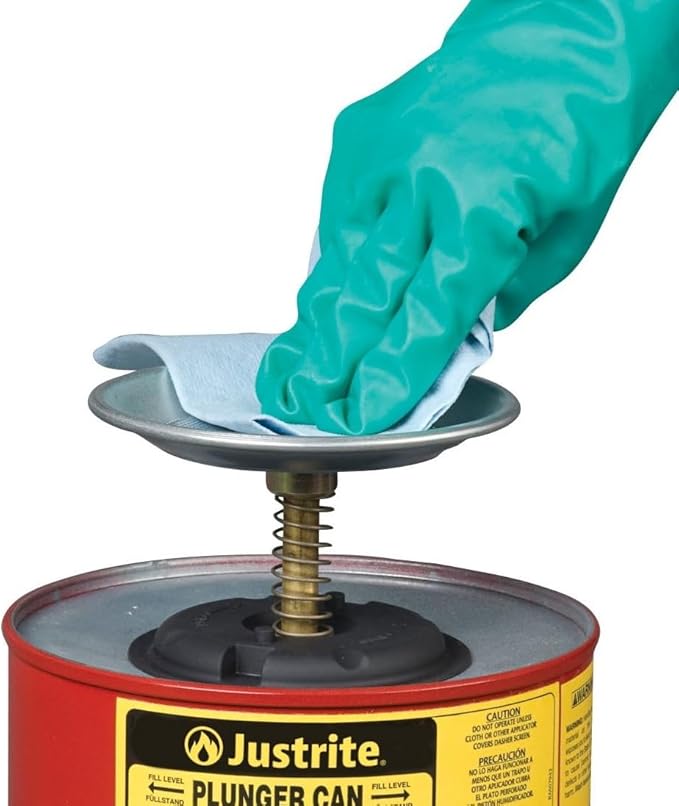Justrite Plunger Can for Solvents, 1 Quart Capacity, 5.6" x 7.25" Steel Push-Down Solvent Dispenser Can, Made in the USA Industrial Mechanic Tools, Red, 10108