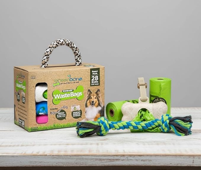 Greenbone BioBase Green Dog Poop Bag Refills: 28 Rolls - 336 Bags with Dispenser and Rope Toy Handle- Dog Gift Set