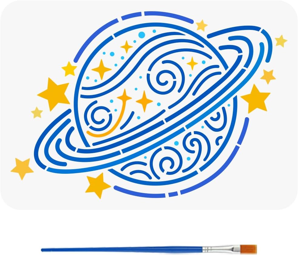 FINGERINSPIRE Planet Pattern Stencil with a Paint Brush 11.7x8.3Inch Planet of Dreams Painting Stencil Reusable PET Science Fiction Theme Decoration Template for Painting on Wood Wall Floor Furniture
