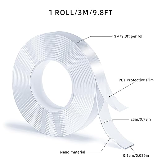 Double-Sided Tape, Nano Tape, Transparent Traceless Removable Washable Reusable Tape - Suitable for Carpets, Photo Walls, Kitchen Furniture - 3m Per Roll