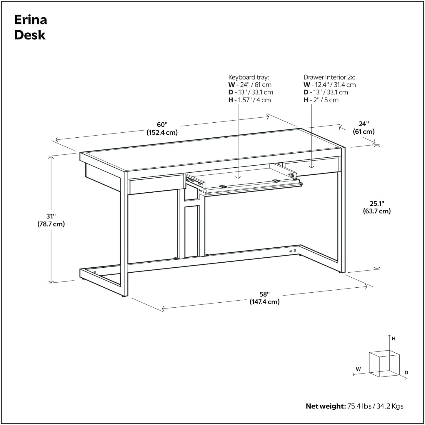 SIMPLIHOME Erina Desk - 60-Inch Wide Solid Acacia Wood and Metal Writing Desk in Distressed Charcoal Brown, Modern Industrial Home Office Computer Table for Study with 2 Drawers and Keyboard Tray