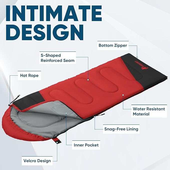 PTEROMY Sleeping Bags for Adults, Lightweight and Machine Washable, Water Resistant Backpacking Camping Sleeping Bag for Warm Cold Weather, Camping Essentials for Hiking Travel