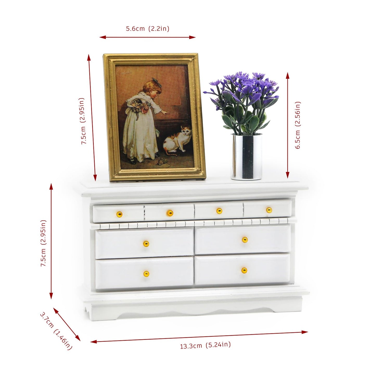 Minamzee 3Pcs 1:12 Dollhouse Side Cabinet Furniture Set, Wooden Miniature Wall Chest Cabinet with Drawers, Art Painting & Potted Plant, Cupboard Doll Accessories for Living Room,Kitchen Bedroom