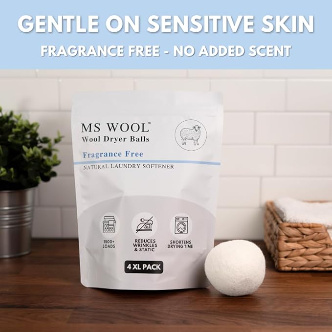 Fragrance-Free Wool Dryer Balls (4 XL Pack) – Natural Fabric Softener, Reusable, Reduces Wrinkles & Saves Drying Time, Better Alternative to Liquid Softeners & Dryer Sheets