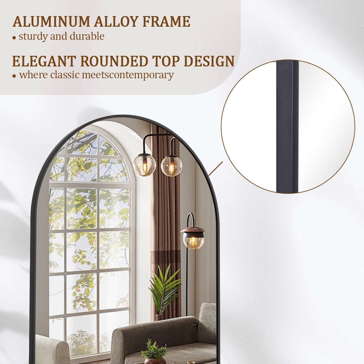 Koonmi 21x56 inch Arched Full Length Mirror, Black Large Floor Mirror with Aluminum Alloy Frame, Standing Hanging or Leaning Wall-Mounted Full Body Mirror for Living Room and Bedroom