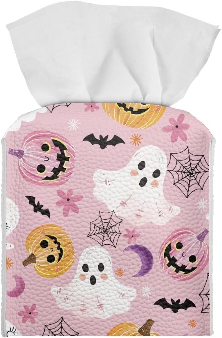 Cute Ghost Tissue Box Cover Square Tissue Box Holder Pink Facial Paper Organizer Home Decoration Accessories for Desk Bathroom Vanity Countertop, Pumpkin Spider Web Print