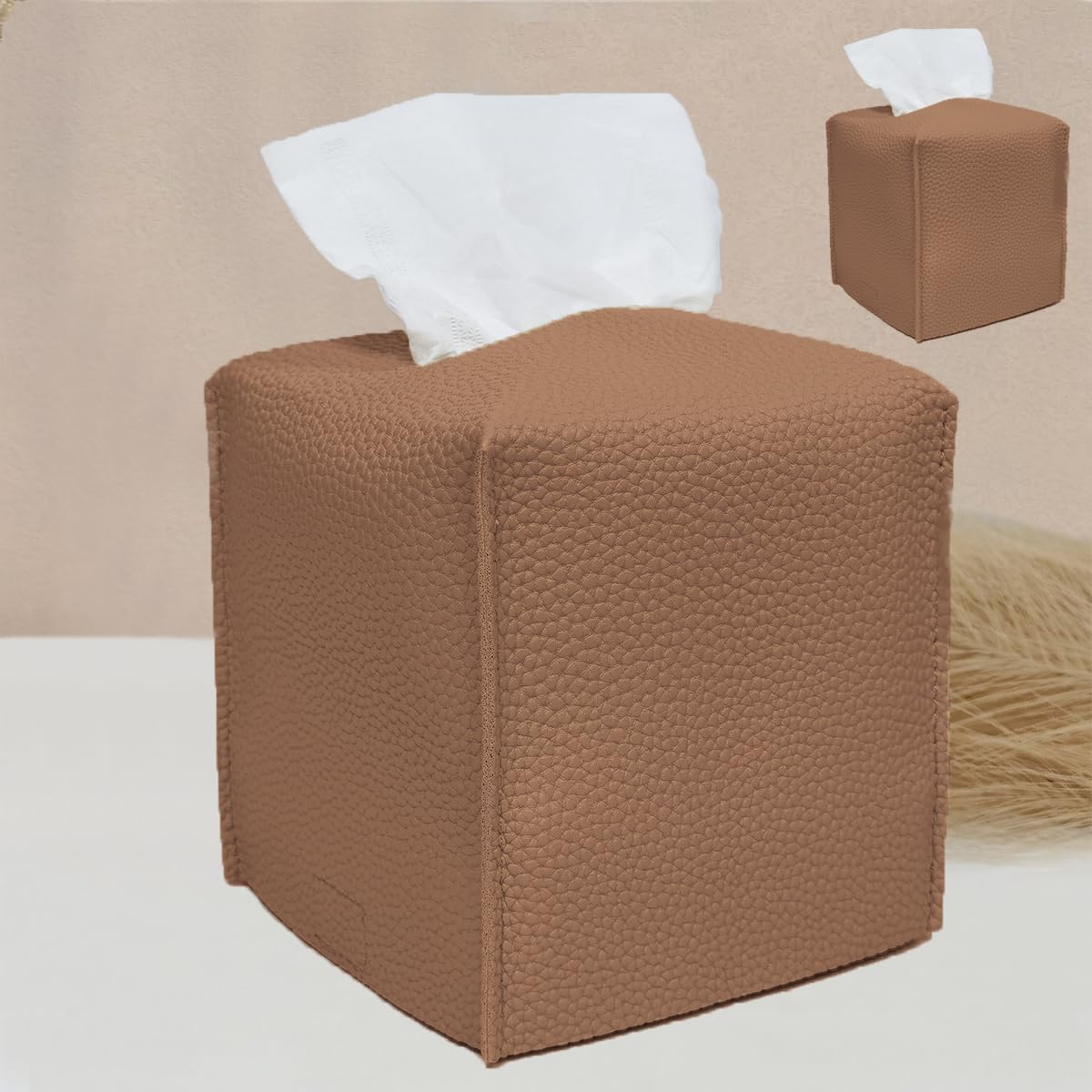 HOMOTEK 2 Pack Tissue Box Cover, Square PU Leather Tissue Holder, Decorative Facial Tissue Cube Paper Organizer Dispenser for Bathroom, Night Stands, Desk, Car 5X5X5'' - Dark Gray, Pebble Grain