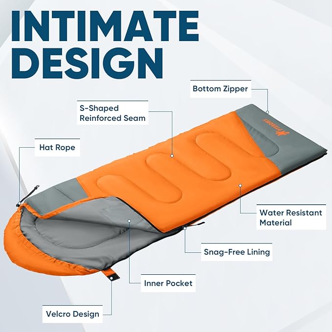 PTEROMY Sleeping Bags for Adults, Lightweight and Machine Washable, Water Resistant Backpacking Camping Sleeping Bag for Warm Cold Weather, Camping Essentials for Hiking Travel
