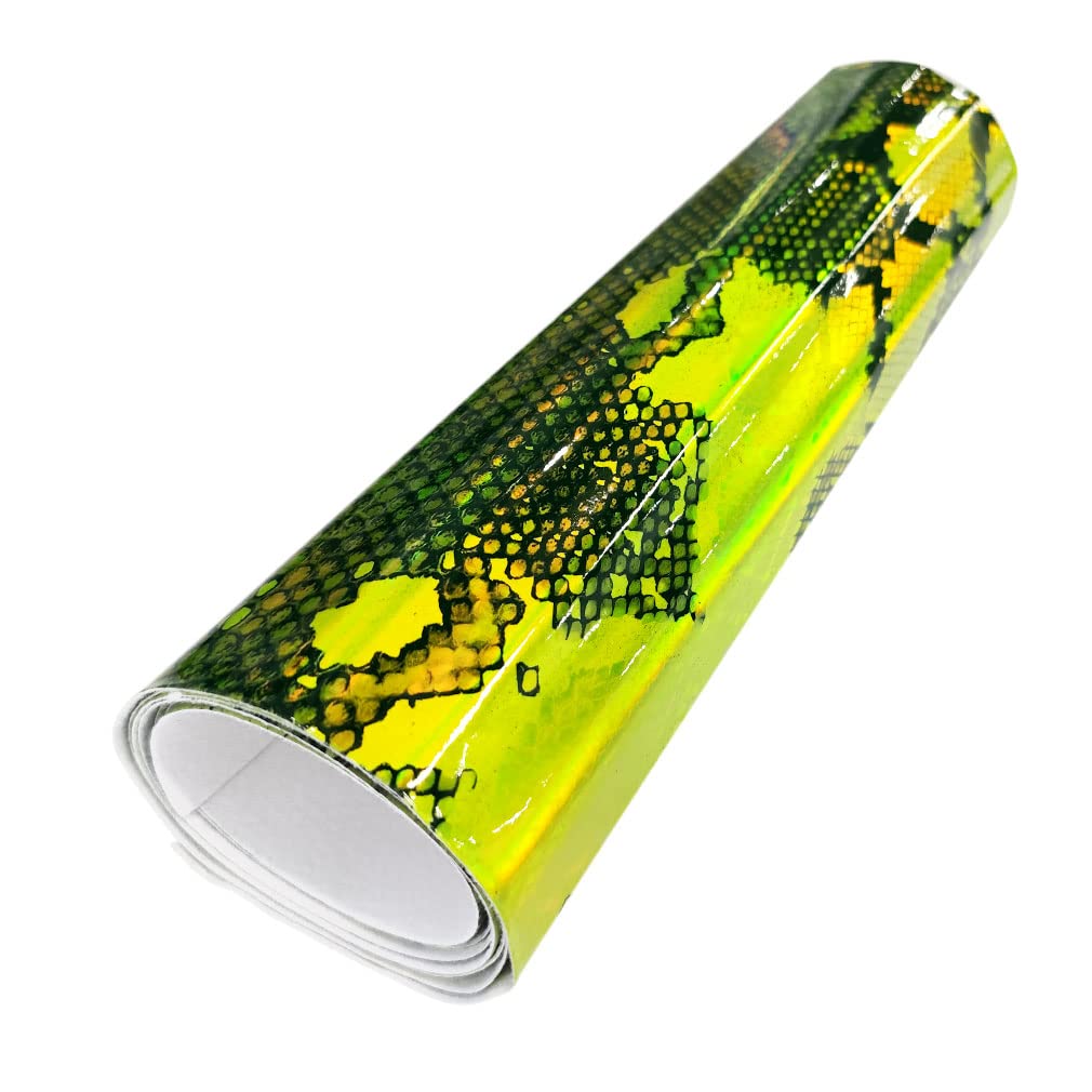 HYANG Holographic Mirror Snake Fluorescent Green PU Faux Leather Sheets 1 Roll 12"X53"(30cmX135cm), Faux Leather Fabric Very Suitable for Leather Earrings, Bows, Handbag ，Sewing ，Crafts Making