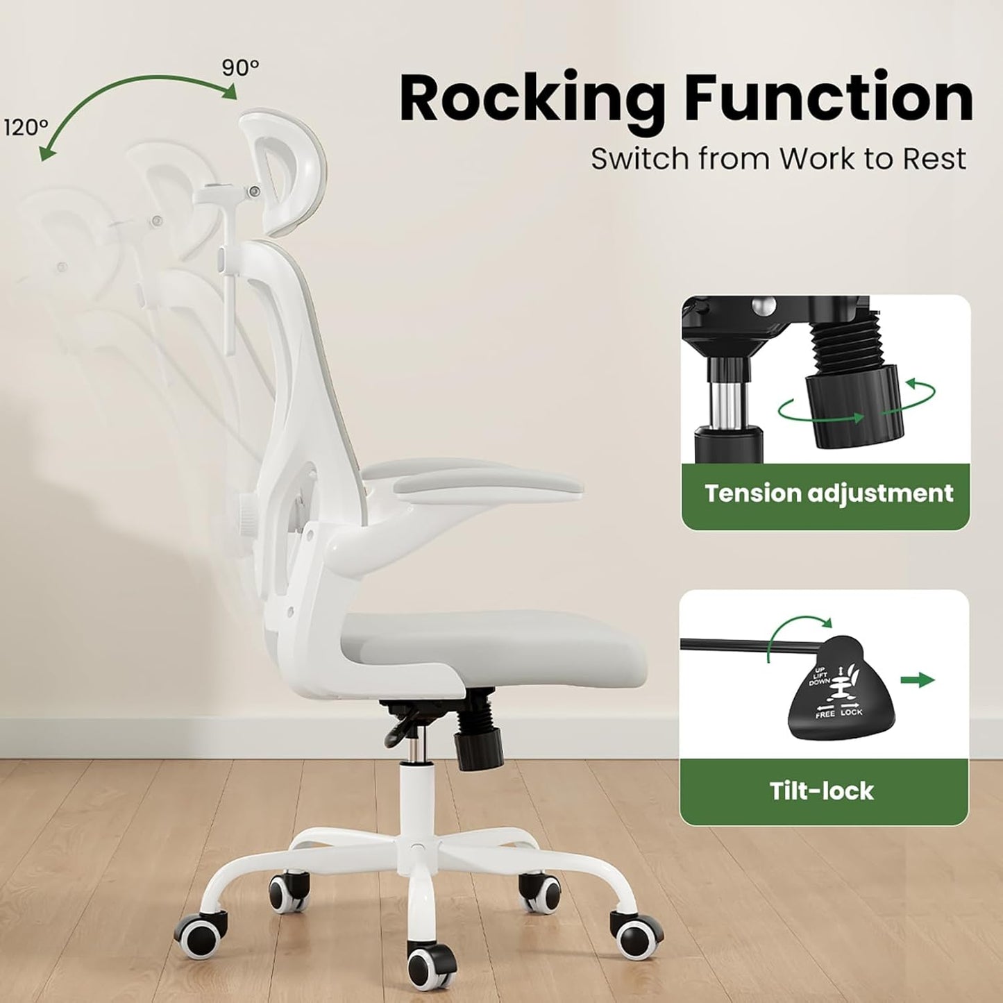 Ergonomic Office Chair, Comfy Home Office Chair High Back Computer Chair with Headrest, Adjustable Back Support, Flip-Up Arms, 90-120° Tilt and Wide Cushion, Up to 300lbs,White