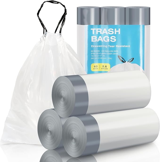 ELPHECO 2.6 Gallon Trash Bags 60 Counts - For 2.5-4 Gallon Trash Cans, Strong Drawstring Garbage Bags, Clear Leakage-Free Trash Bag, Tear free Garbage Bags, 60 Count / 3 Rolls