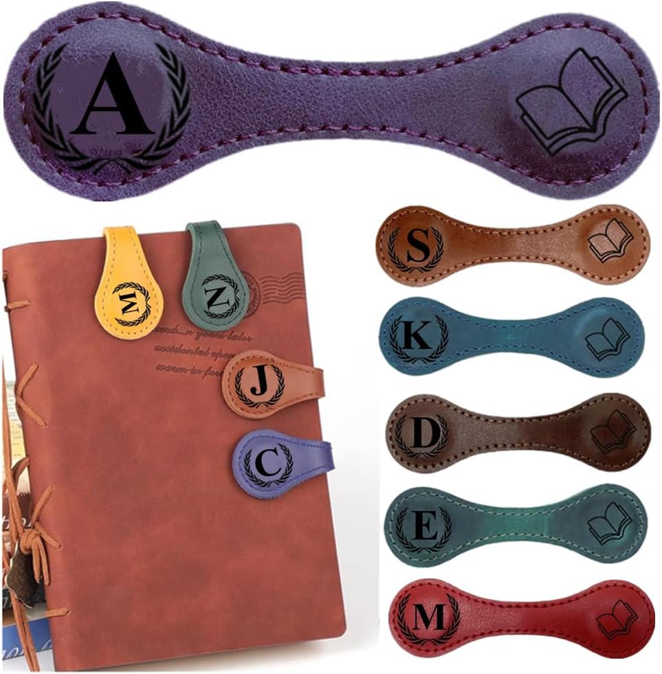 Personlized Magnetic Leather Bookmarks with Initials, Customized Book Marks Clip 26 Letters Bookmark for Reading Women, Men, Kids,Cute Book Markers Meaningful Gift for Book Lovers (Purple, A)