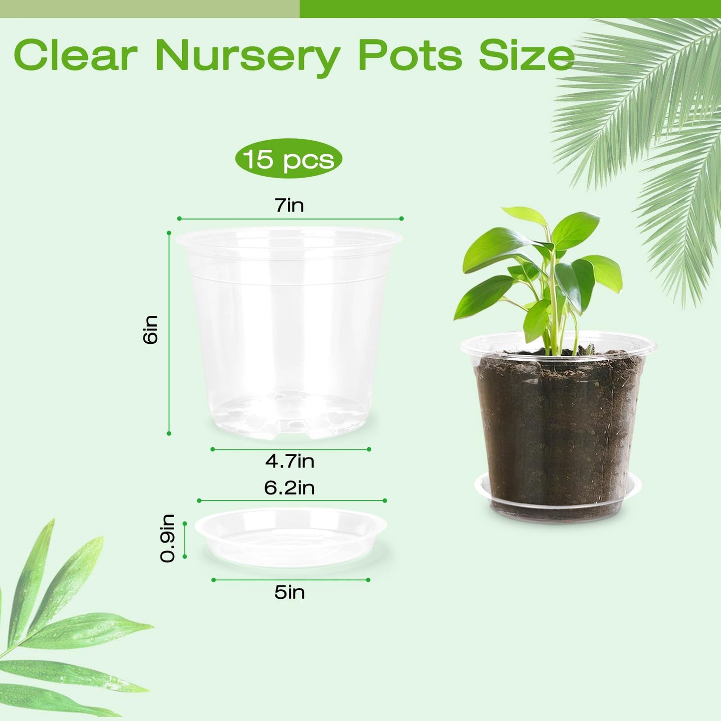 FUOAUYK 7 Inch Clear Nursery Pots with Drainage Trays, 15 Pack Plastic Pots for Plants, Clear Pot for Seed Starting, Transplanting, Succulents, and Indoor Gardening (7 inch)
