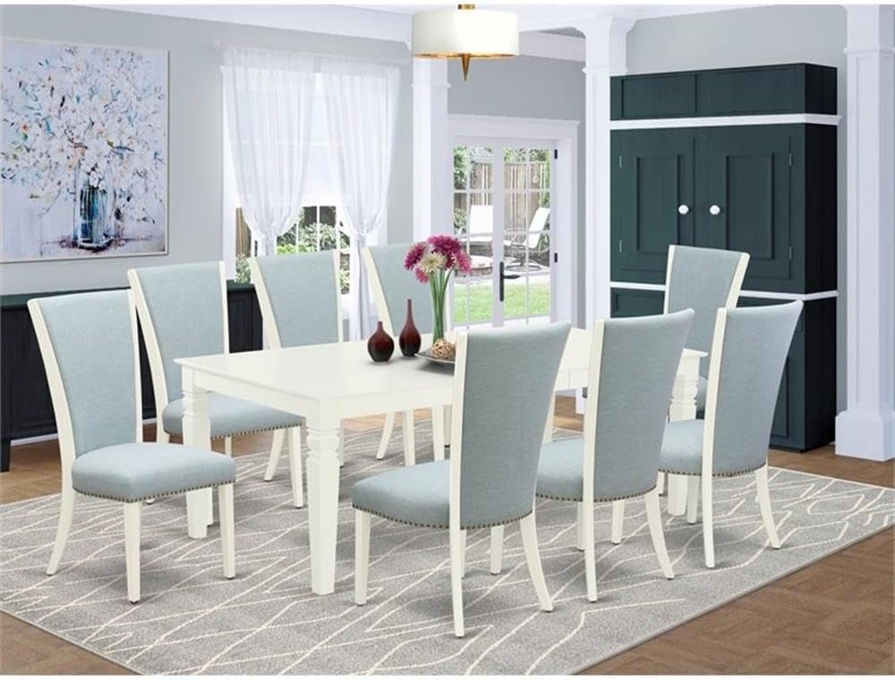 East West Furniture LGVE9-LWH-15 9 Piece Dining Set Includes a Rectangle Dining Room Table with Butterfly Leaf and 8 Baby Blue Linen Fabric Upholstered Chairs, 42x84 Inch, Linen White