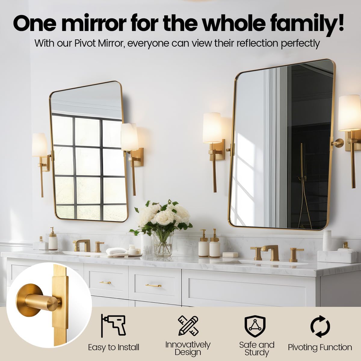 MOON MIRROR Brushed Gold Pivot Mirror,Brass Tilt Vanity Rectangle for Bathroom, Overall 26.33 x 30 in (Mirror 22x 30 in)