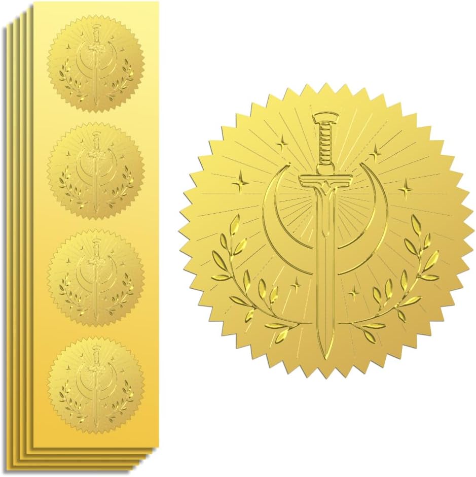 Peacoblue Gold Foil Sticker Seal Embossed 2 Inch 100Pcs Sword and Moon, Self Adhesive Gold Around Embossing Sticker for Invitation Certificate Envelope Seal Gift Card Decoration