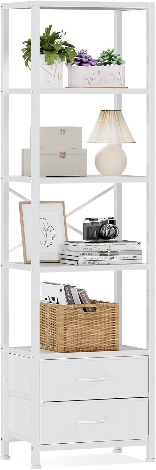 Furnulem 5-Tier Corner Shelf, Narrow Bookshelf with 2 Storage Drawers, Tall Bookcase, Wood Display Standing Shelf Organizer Unit for Living Room, Bedroom, Metal Frame(White)