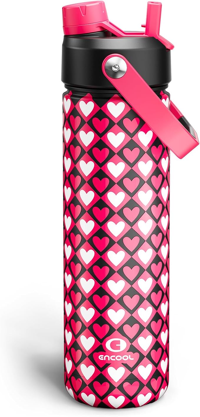 ENCOOL Valentine's Day Insulated Water Bottle with Straw Stainless Steel Water Bottle, Leak-Proof, BPA-Free, Keeps Cold for 24 Hours for Sports, Travel, School (26 oz, Bold Hearts Mono x Red)