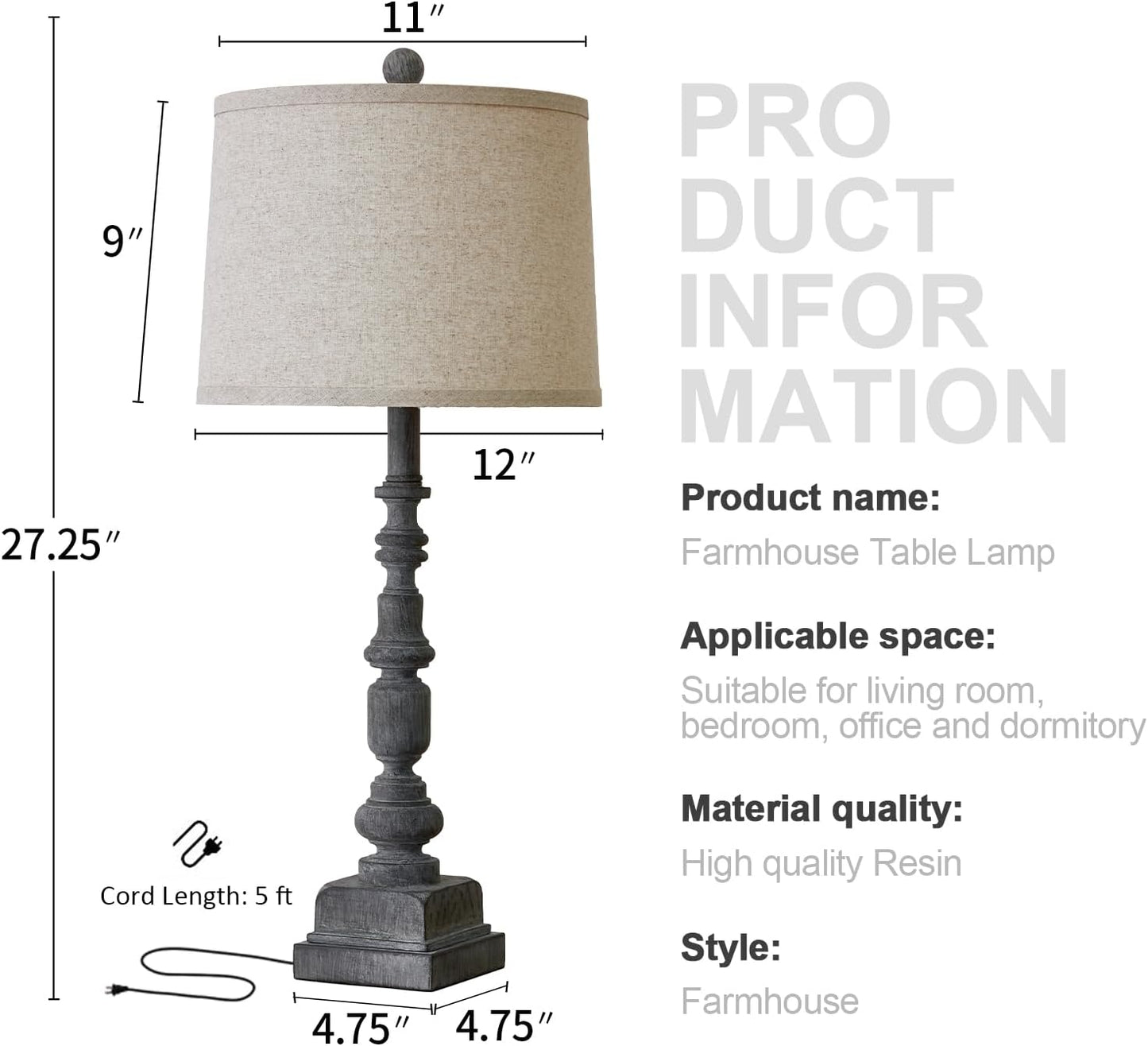 Oneach 27.75" Vintage Farmhouse USB A+C Table Lamps Set of 2 for Living Room Traditional Bedside Lamps for Bedroom Office Mid Century Table Lamp Antique Grey Accent Rustic Lamps for End Table